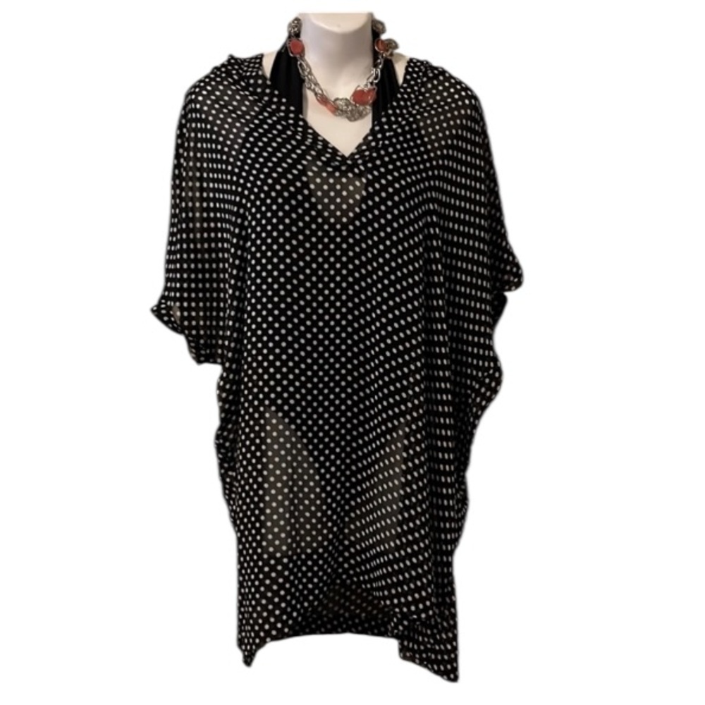 Hooded Sheer Black White Polka Dot Hooded Beach Swim Pool Slop On Coverup Blouse